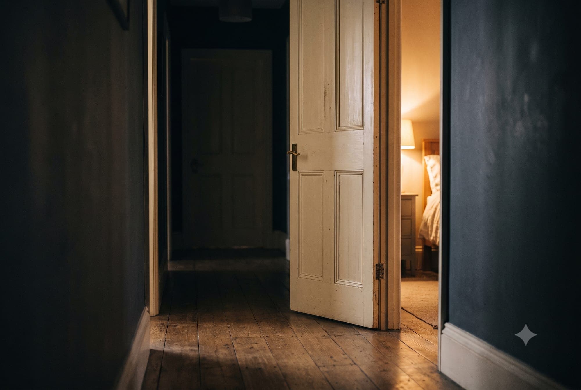 A bedroom door left slightly ajar with warm light spilling into a dim hallway