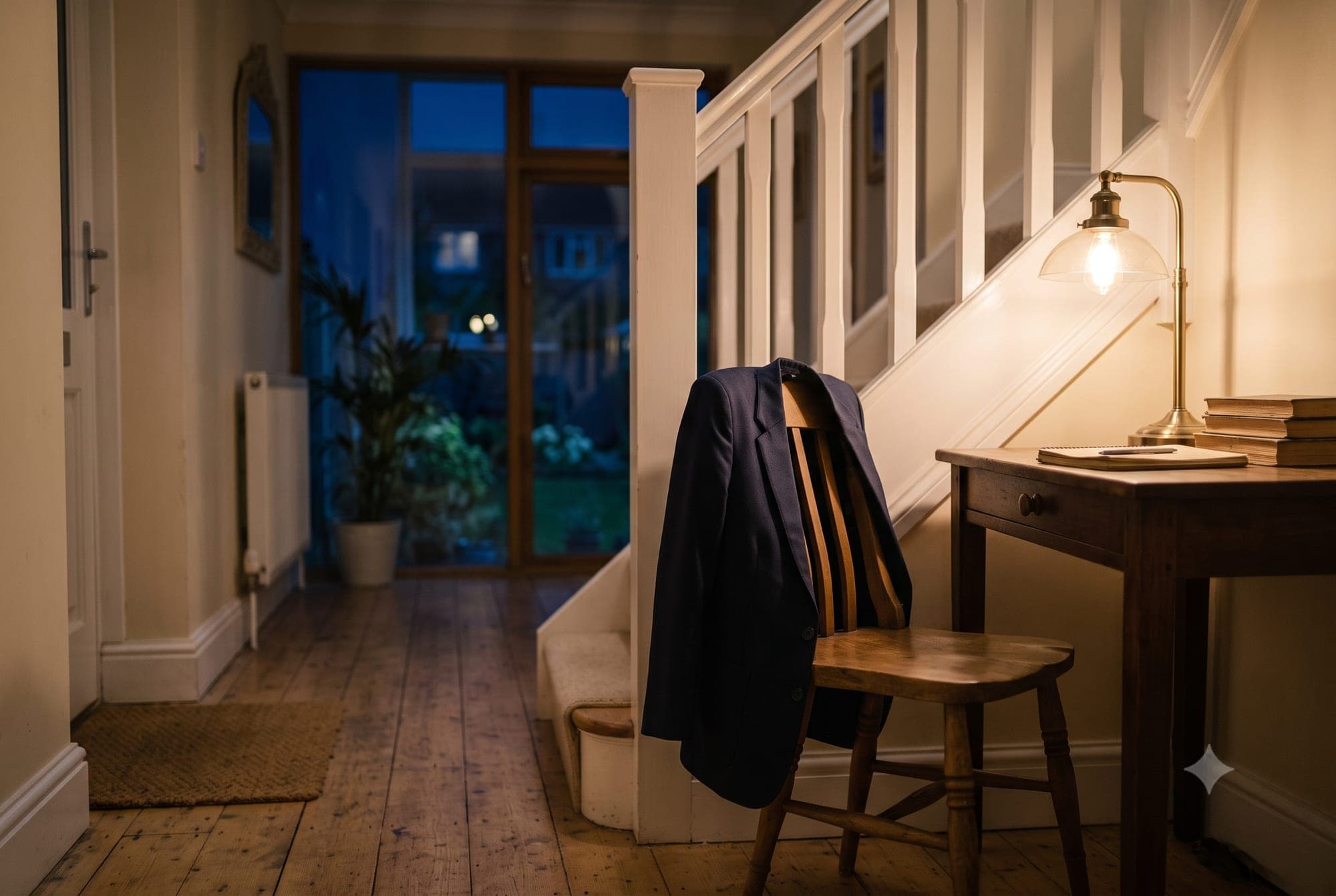 A school blazer draped over the back of a chair with dark evening visible through a window