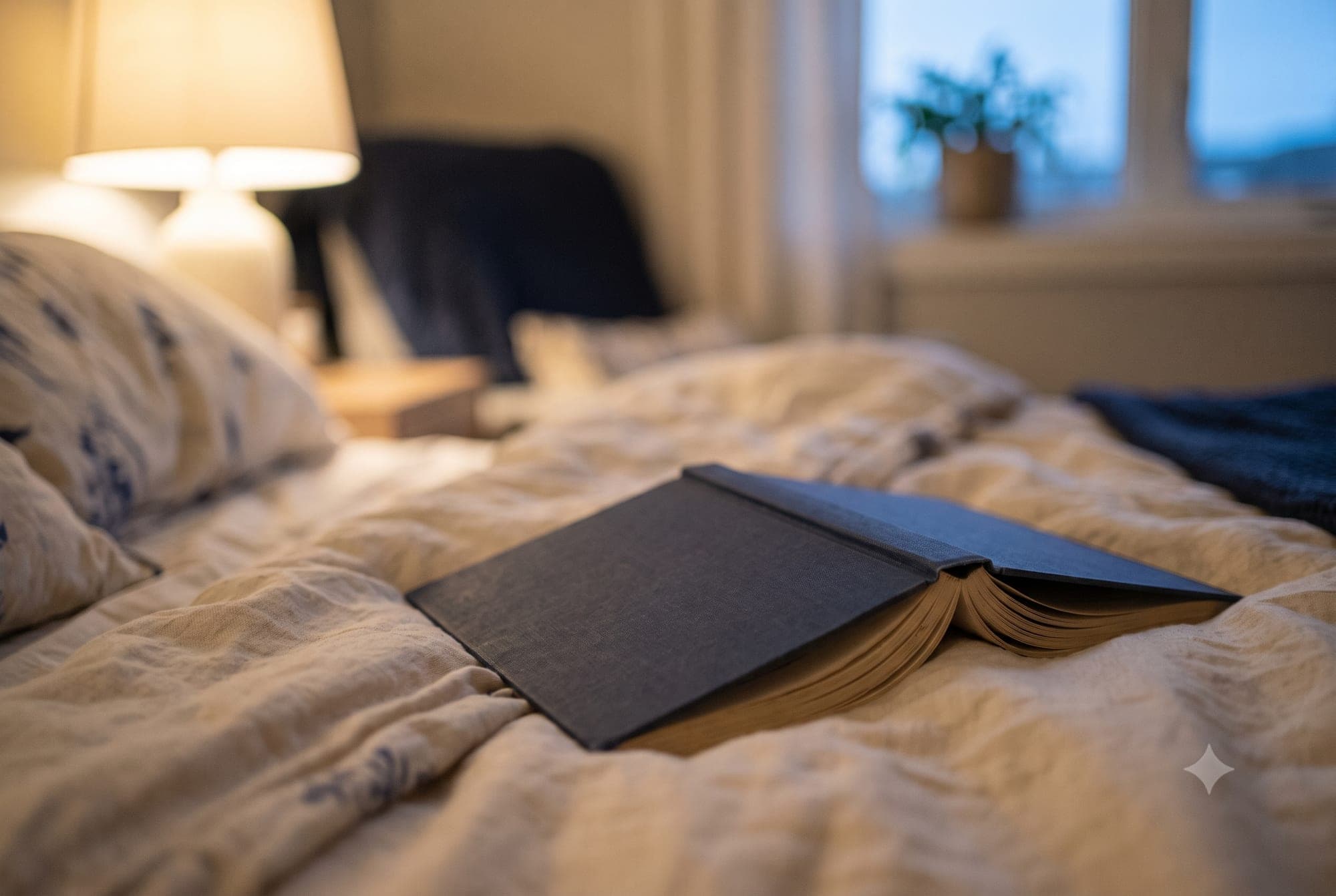 A children's book left face-down on a bed with warm lamp light