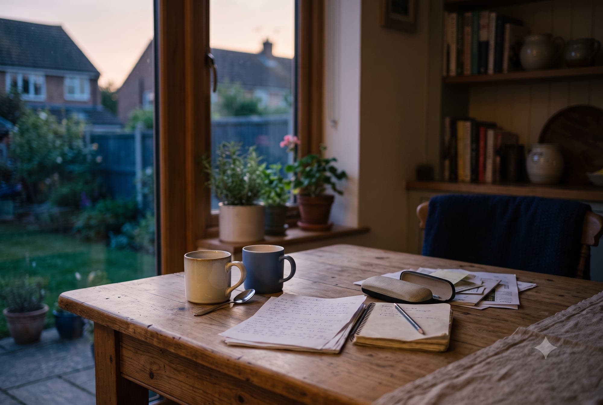 A kitchen table at dusk with two mugs and papers pushed to one side
