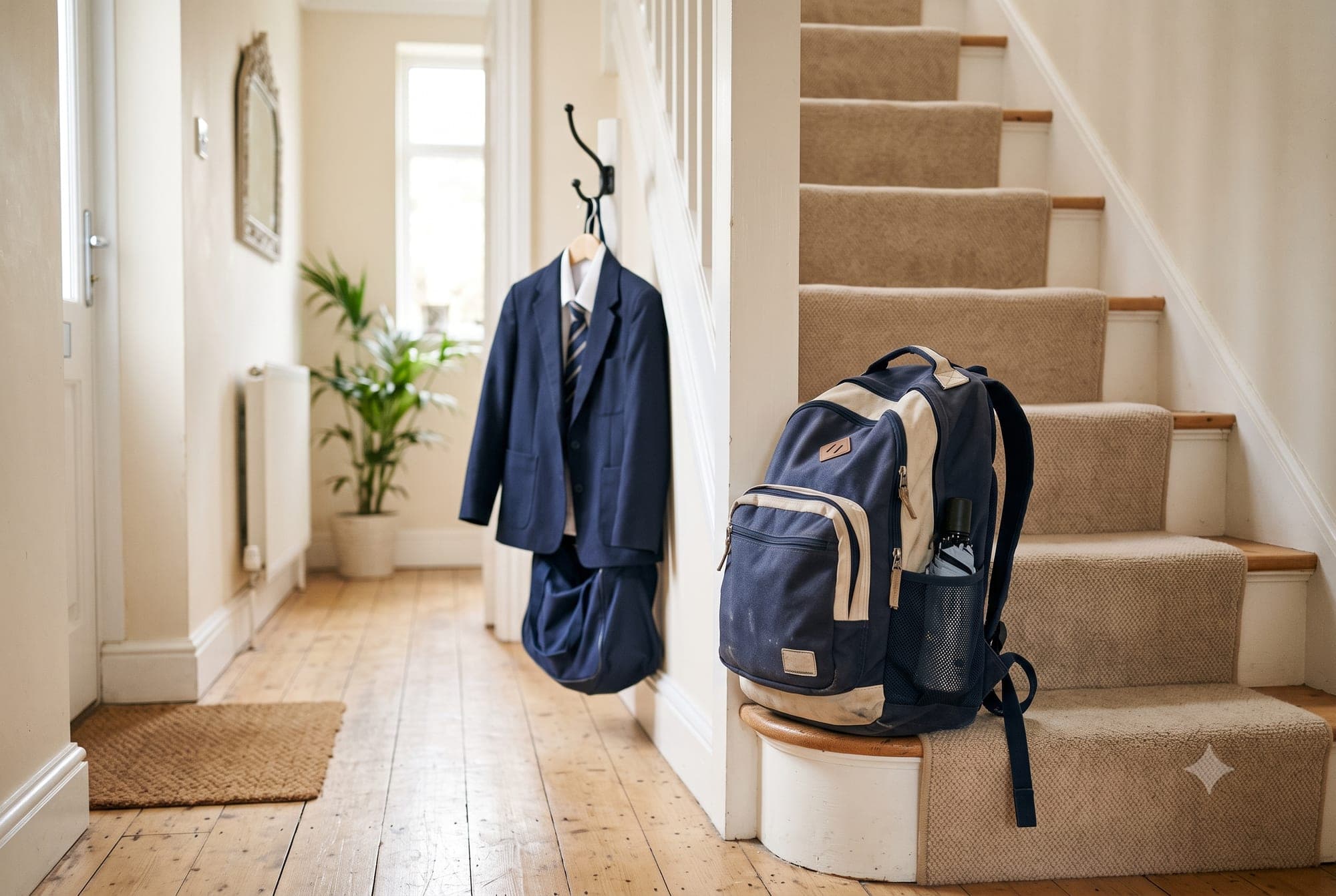 A packed school bag left by a staircase with a school uniform hanging on a hook nearby