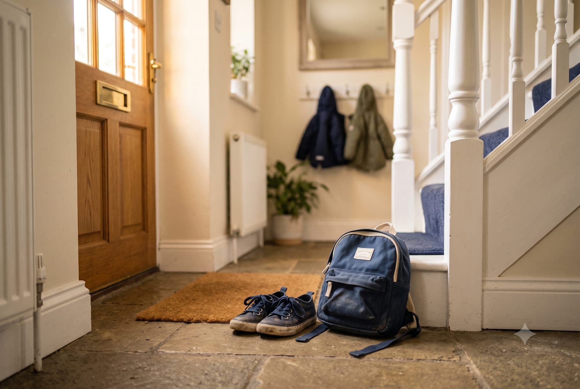 Small children's shoes and a school bag left by a front door in soft morning light
