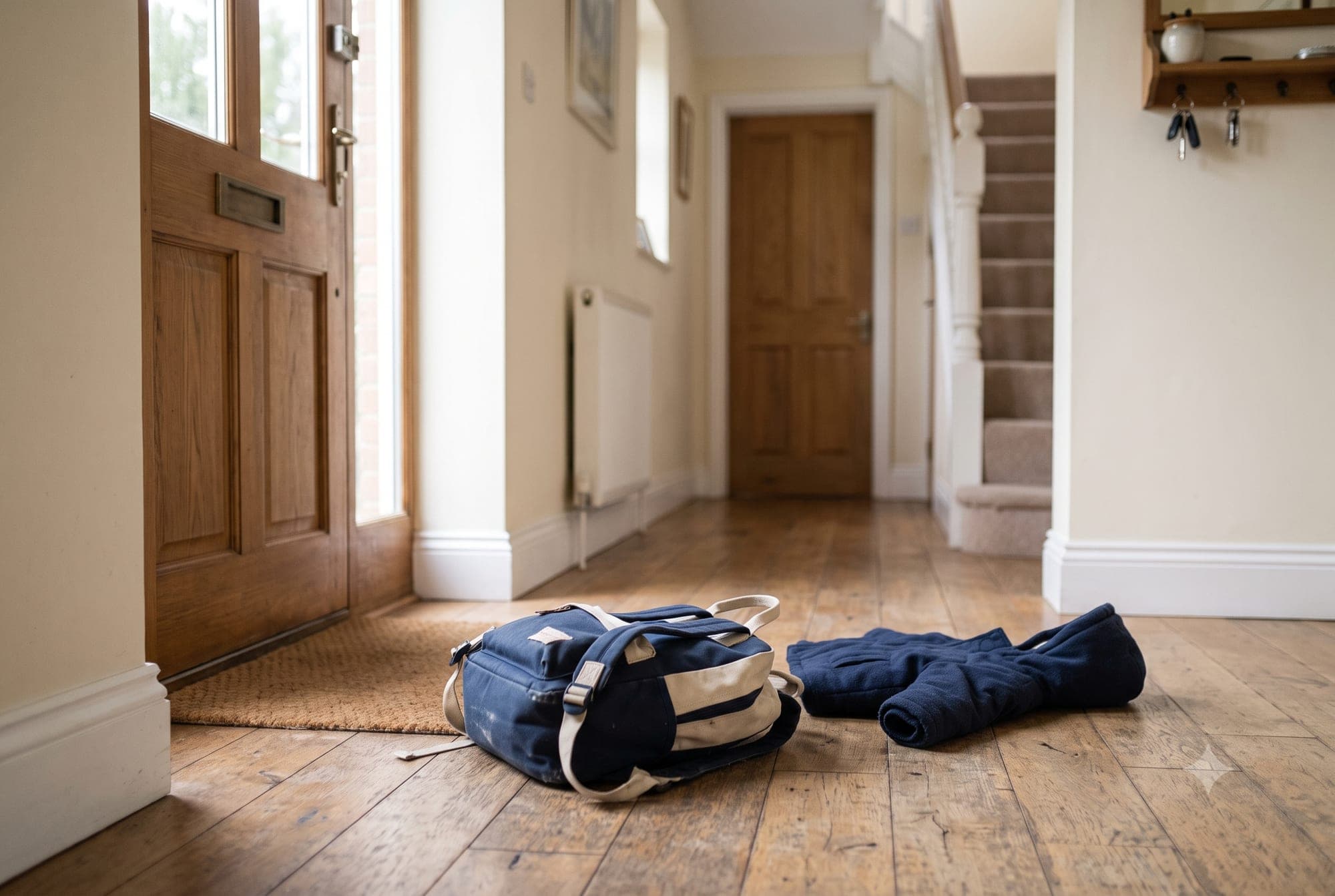 A school bag dropped on a hallway floor with a coat left nearby