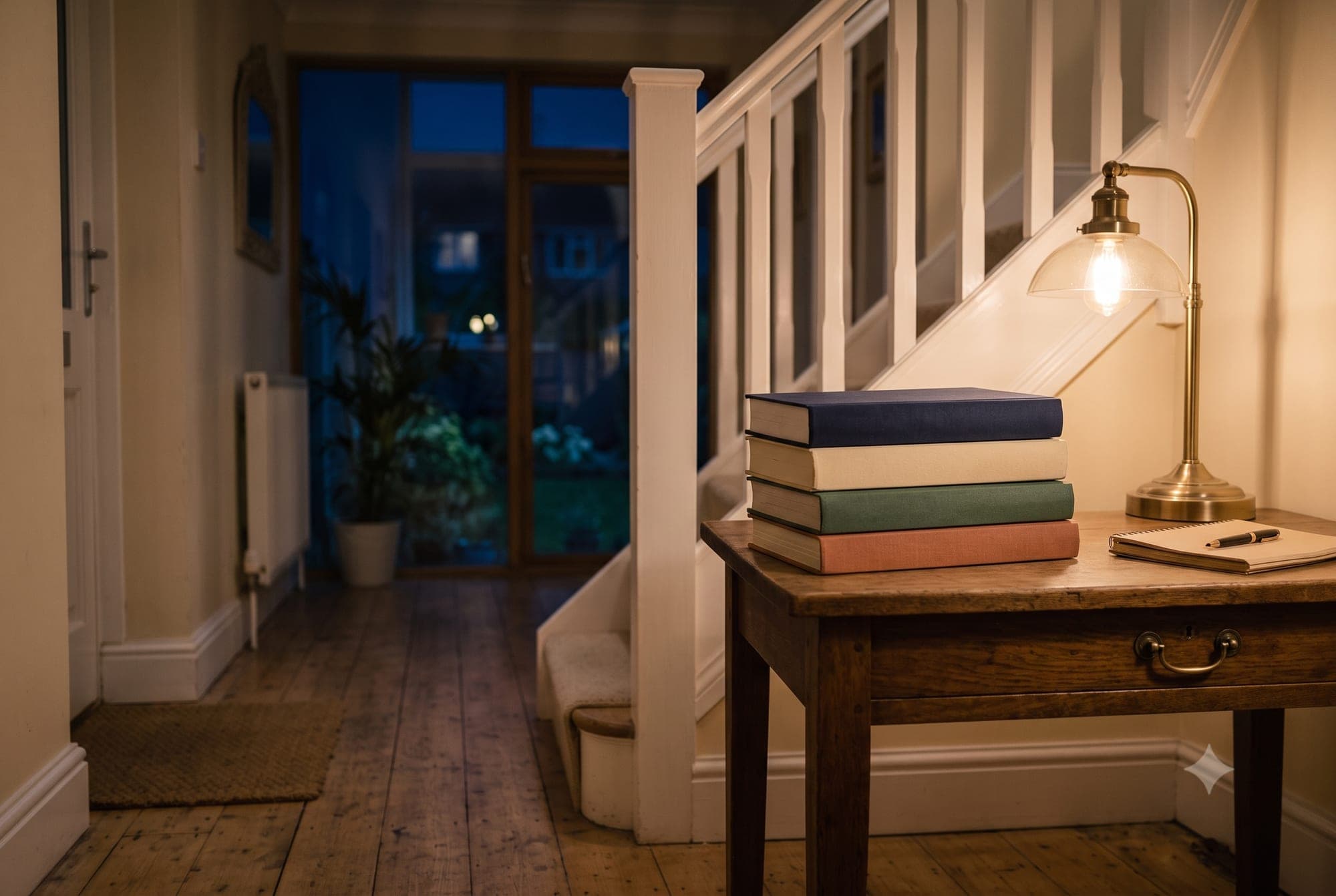 A stack of unopened textbooks on a desk with one warm lamp switched on