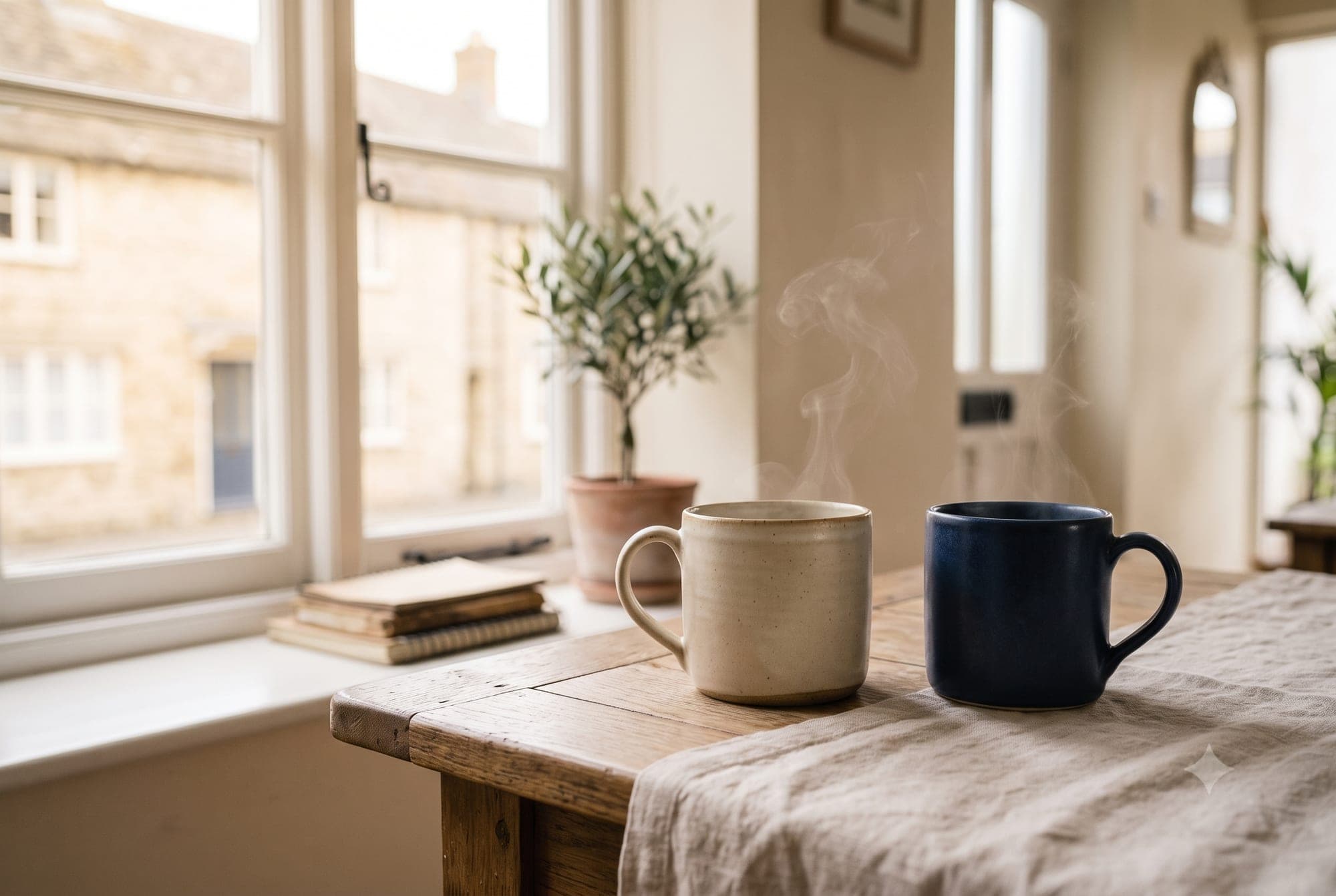 Two mugs sitting together on a wooden table with steam gently rising